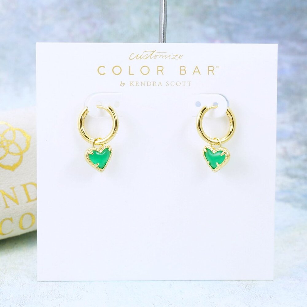 Kendra Scott Ari Heart Huggie Cat's Eye Emerald Green Earrings Gold Plated May